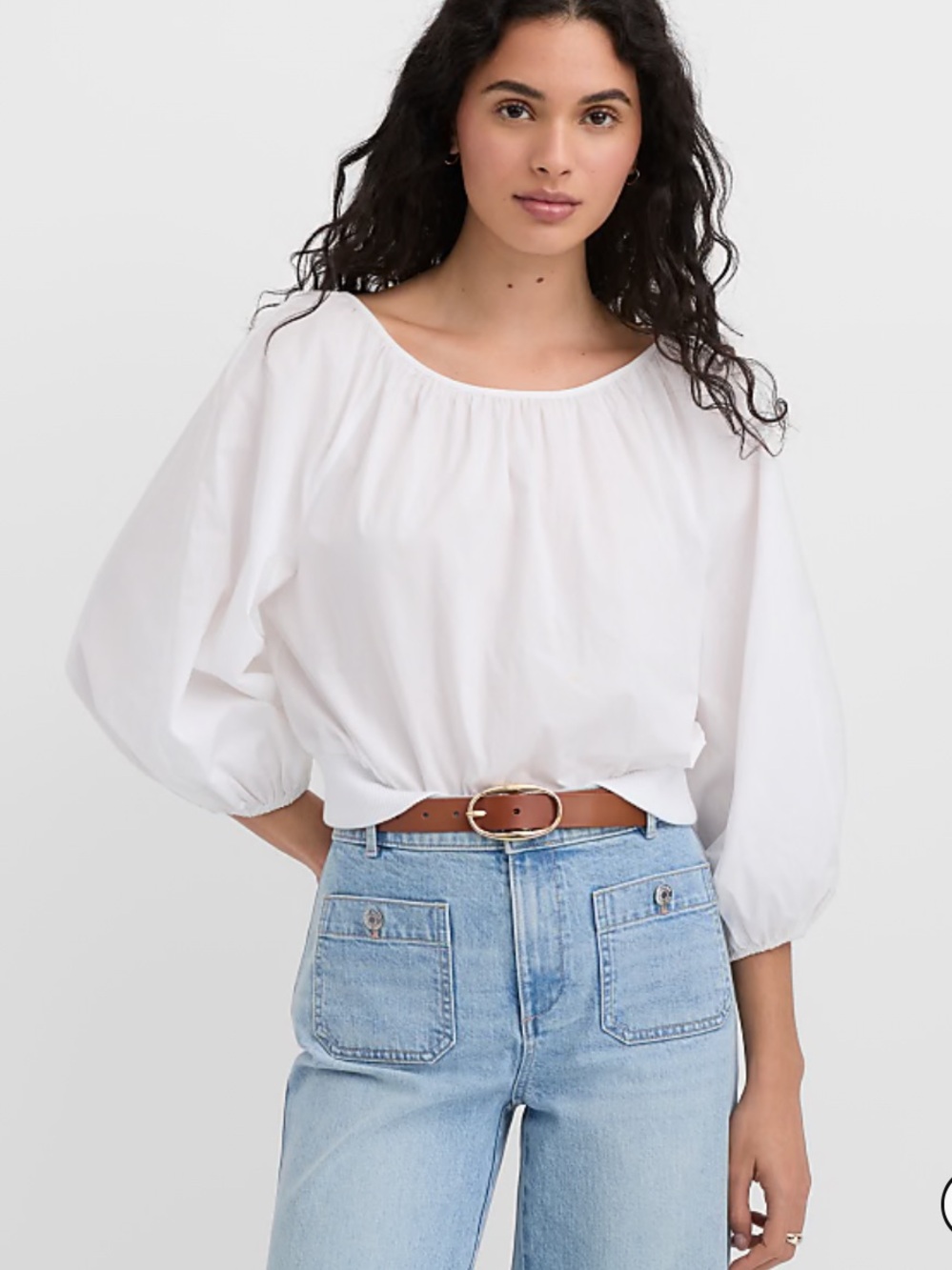 LOFT poplin rib trim White boatneck Blouse